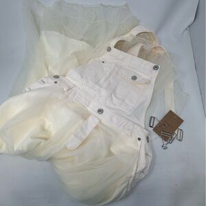 Soo Linen Unique Cream Tulle Patchwork Denim Strap Dress NWT sz M